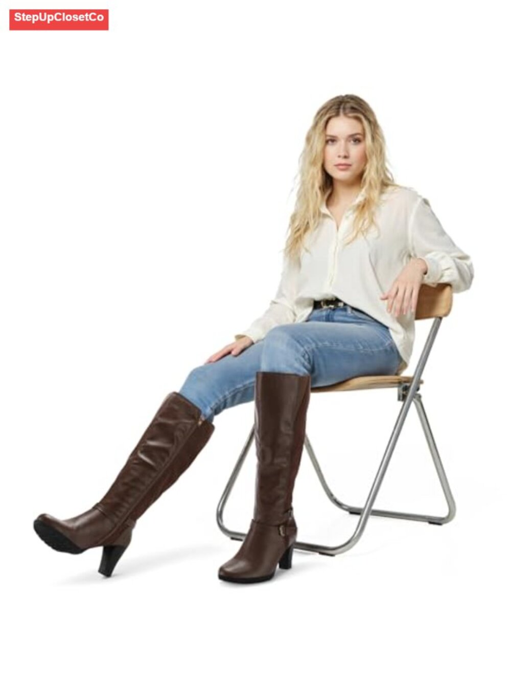Women's Knee High Boots Chunky Heel PU Microfiber Zip - Picture 4 of 6